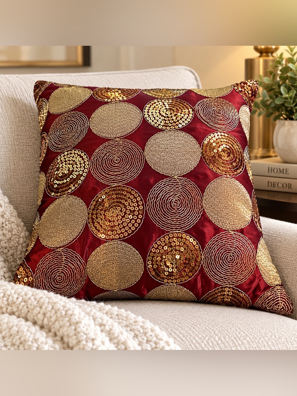 Dark Red & Gold Decorative Throw Pillow 16” x 16”